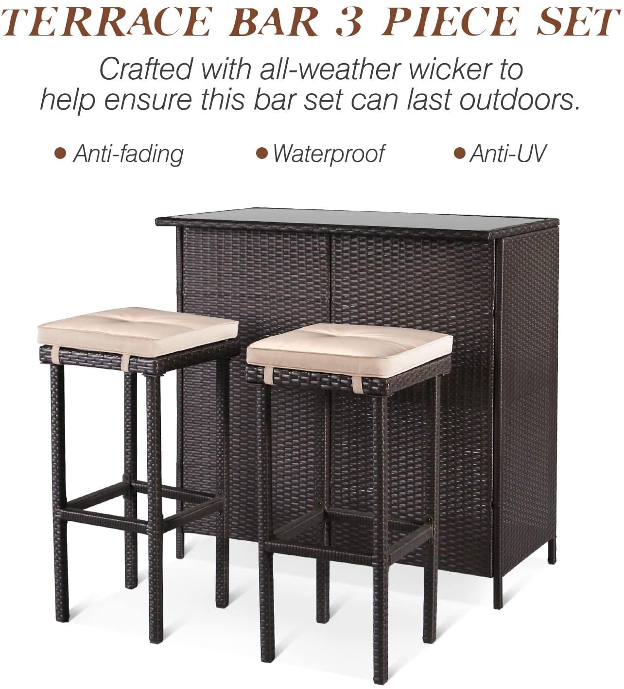 SOLAURA 3PCS Patio Outdoor Wicker Bar Set with Two Bar Stools and Glass-Top Table - Brown