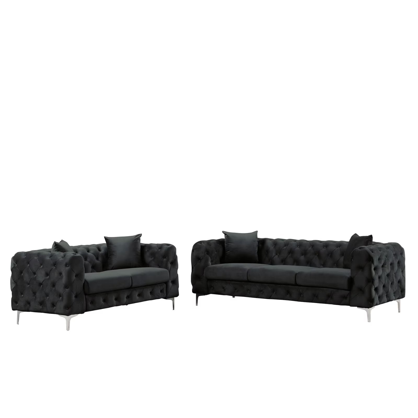 Morden Fort Modern Contemporary 2 Piece of Loveseat and Sofa Set with Deep Button Tufting Dutch Velvet, Solid Wood Frame and Iron Legs-Black