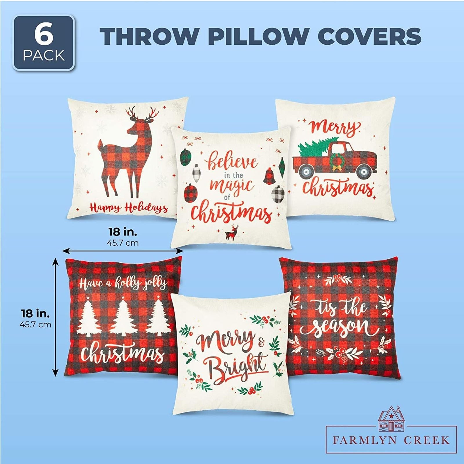 Set of 6 Christmas Decorative Throw Pillow Covers Cushion Case for Xmas Holiday Home Decorations, 18x18 in.