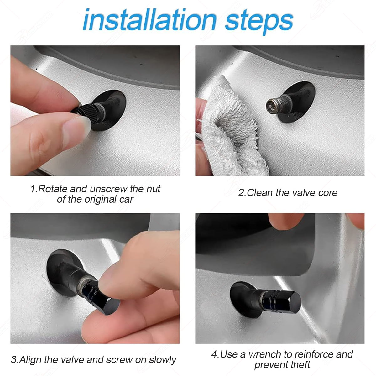 4 Black Aluminum Metal Wheel / Tire Valve Stem Car-Truck Air Caps Covers