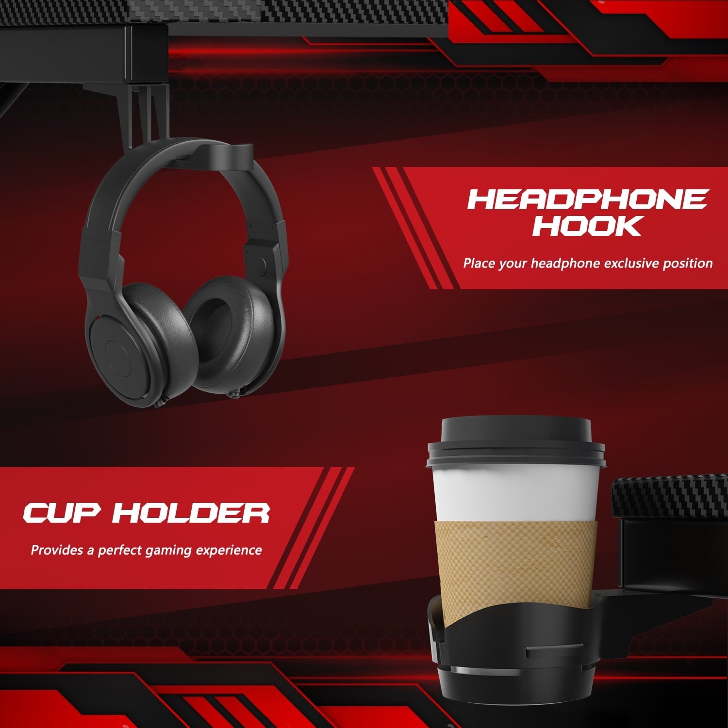 Homall 44 Inches Z-Shaped Gaming Desk Carbon Fiber Surface Desk with Cup Holder & Headphone Hook, Black