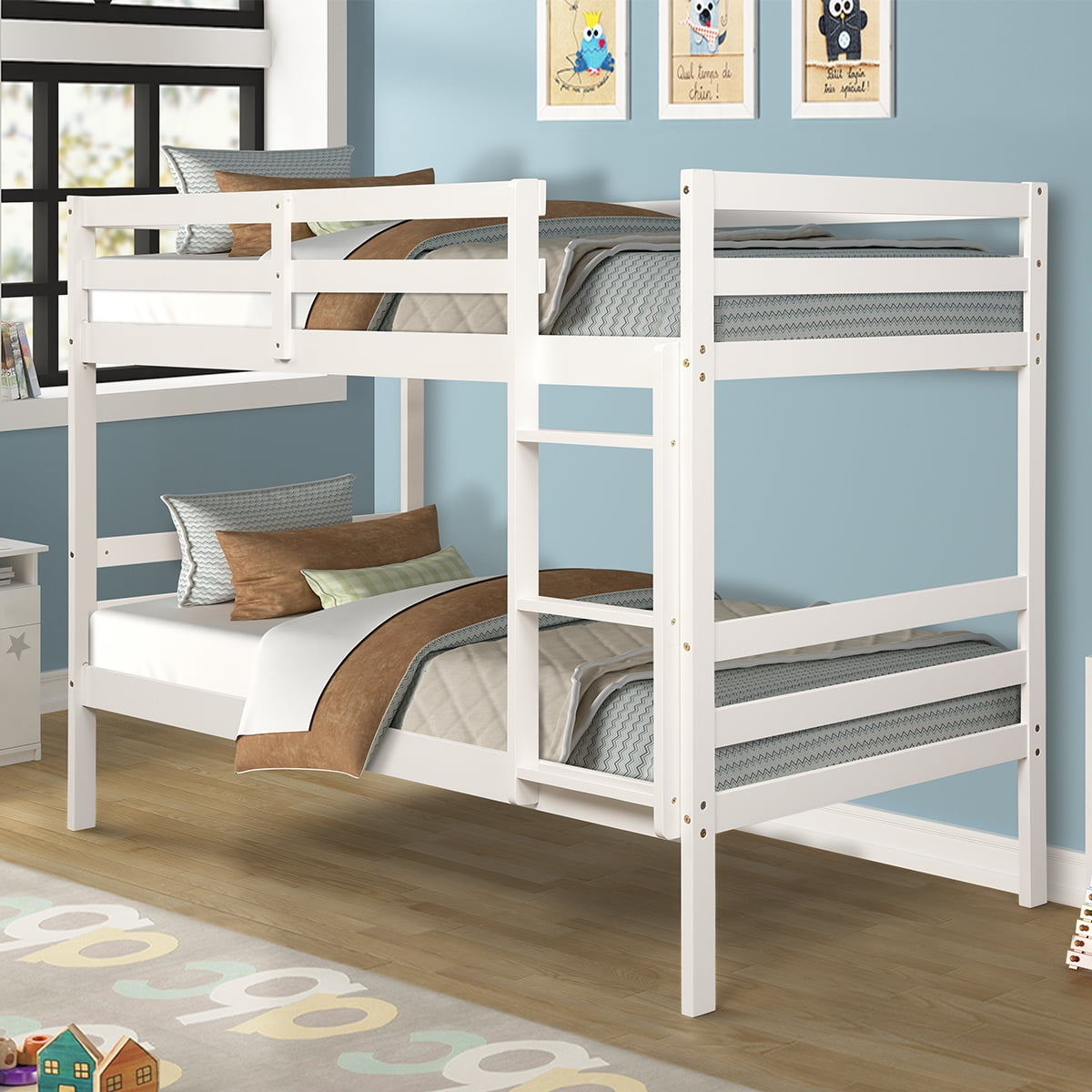 Costway Twin Over Twin Wood Bunk Beds Ladder Safety Rail White