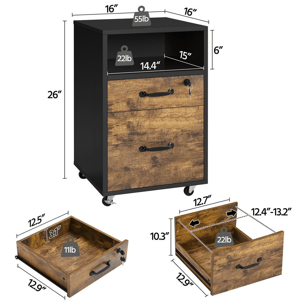 Smile Mart Rolling File Cabinet with 2 Drawers and Shelf, Black/Rustic Brown