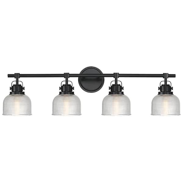 33 in. 4-Light Black Bathroom Vanity Light with Clear Prismatic Glass Shade