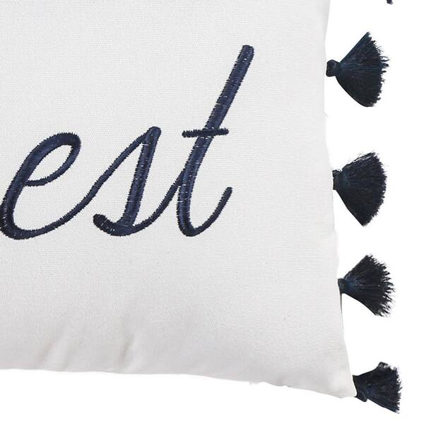 Valentina Navy, White Be Our Guest Embroidered, Tassels 18 in. x 14 in. Throw Pillow