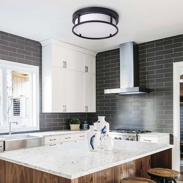 13 in. 2-Light Black Flush Mount Ceiling Light with Drum White Glass Shade