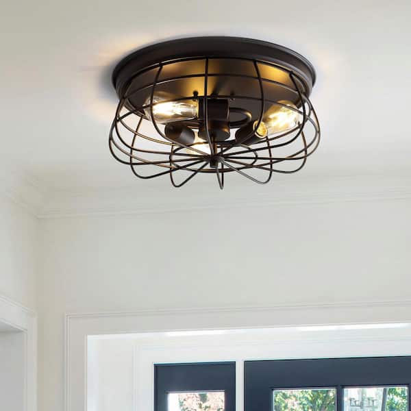 Calvia 15.7 in. 3-Light Farmhouse Metal Cage Flush Mount, Oil Rubbed Bronze