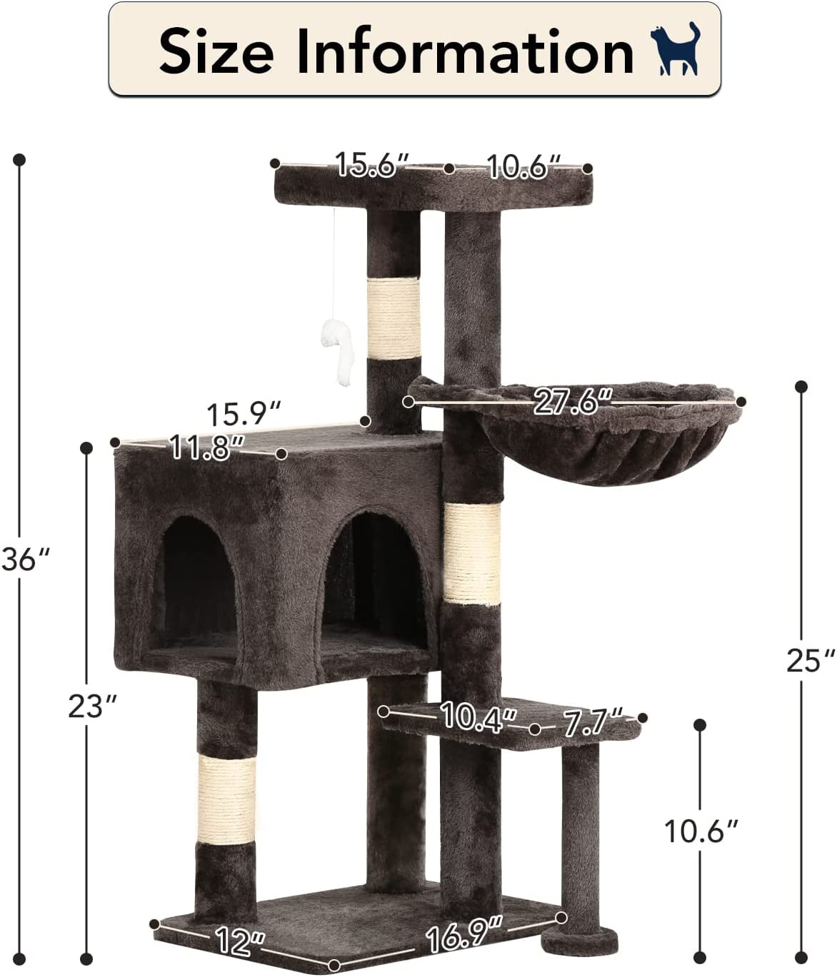BestPet 36 inch Tall Cat Tower with Cat Scratching Post,with Cat Hammock & Funny Toy,Dark Gray