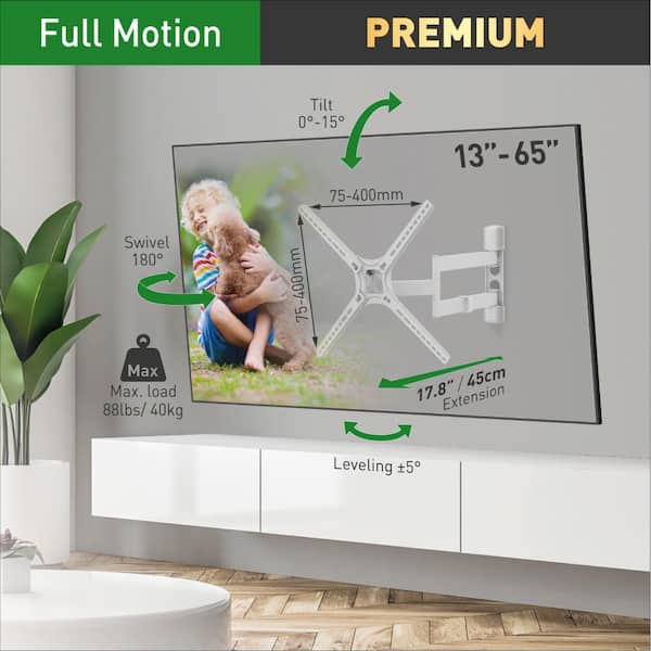 Barkan 13 in. to 65 in. Full Motion - 4 Movement Flat / Curved TV Wall Mount White Patented to Fit Various Screen Types