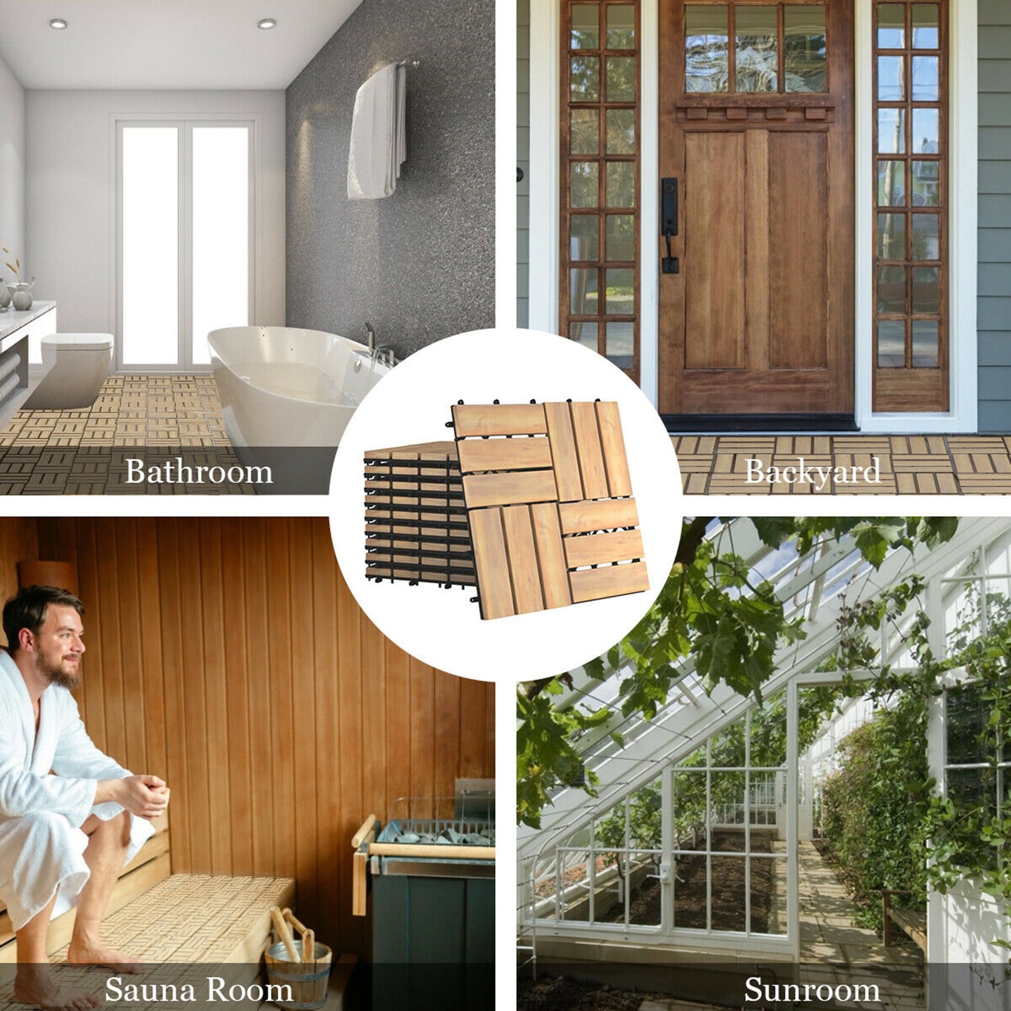 Gymax 10PCS 12'' x 12'' Acacia Wood Deck Tiles Interlocking Patio Pavers Check Pattern