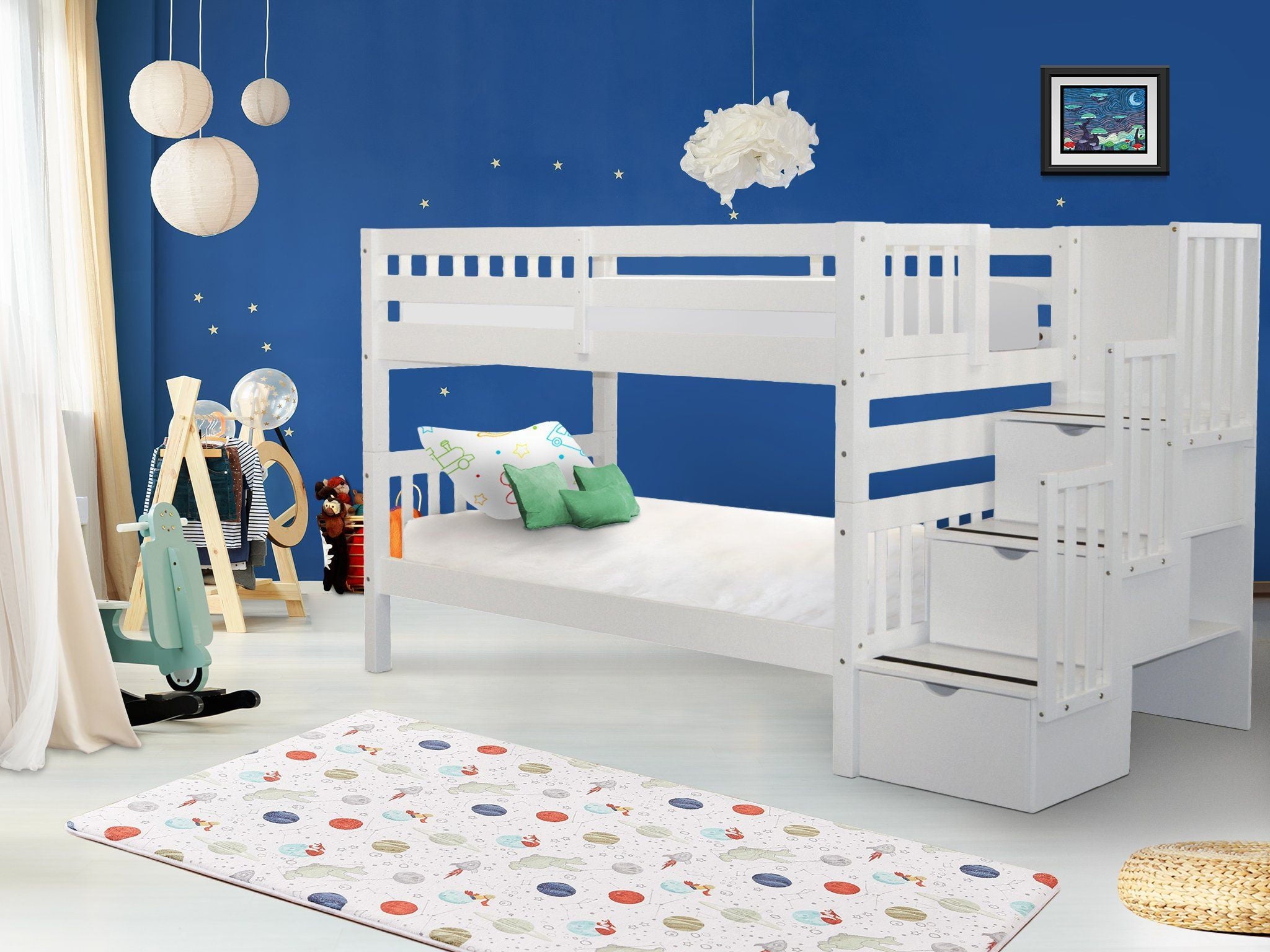 Bedz King Stairway Bunk Beds Twin over Twin with 3 Drawers in the Steps, White