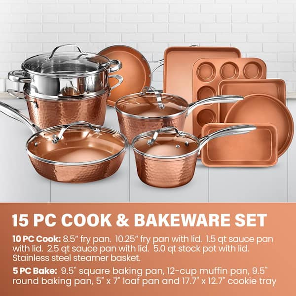 Hammered Copper 15-Piece Aluminum Non-Stick Cookware Set and Bakeware Set