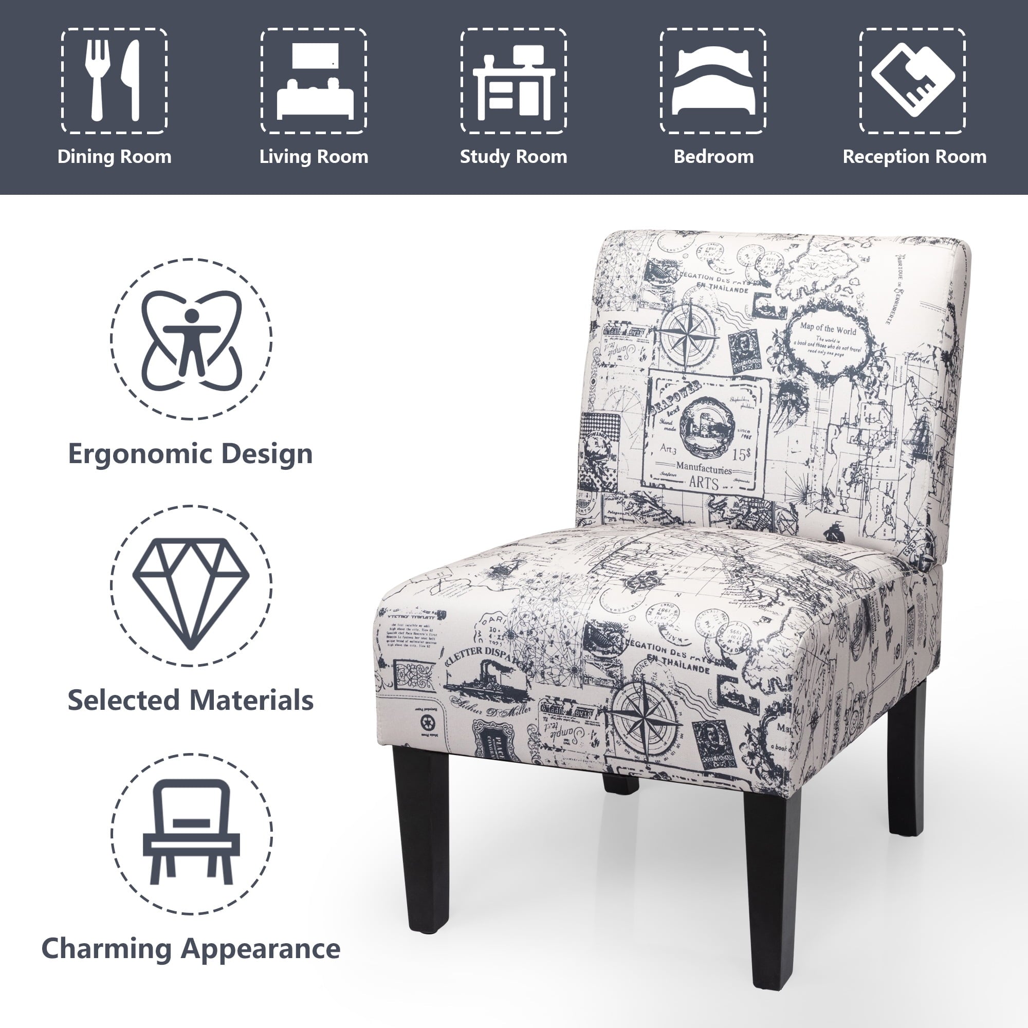 Jaxpety Armless Accent Leisure Chair, Slipper Chair Upholstered Single Sofa, Gray Letter Print