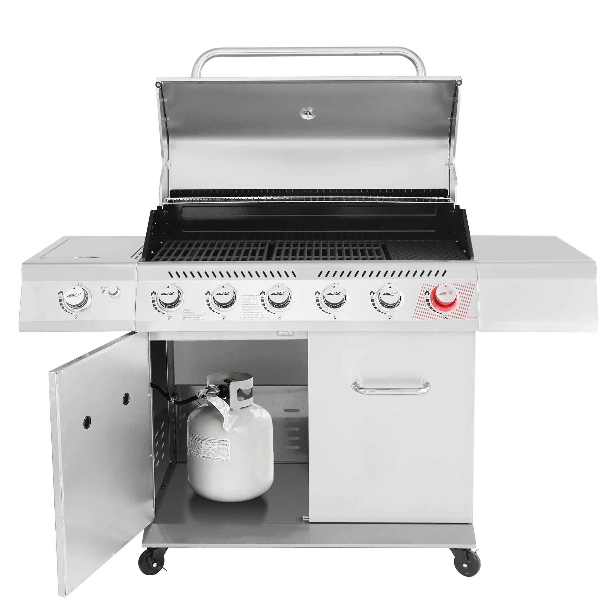 Gourmet GA6402S Stainless Steel Gas Grill, Premier 6-Burner BBQ Grill with Sear Burner and Side Burner, 74,000 BTU, Cabinet Style, Outdoor Party Grill, Silver