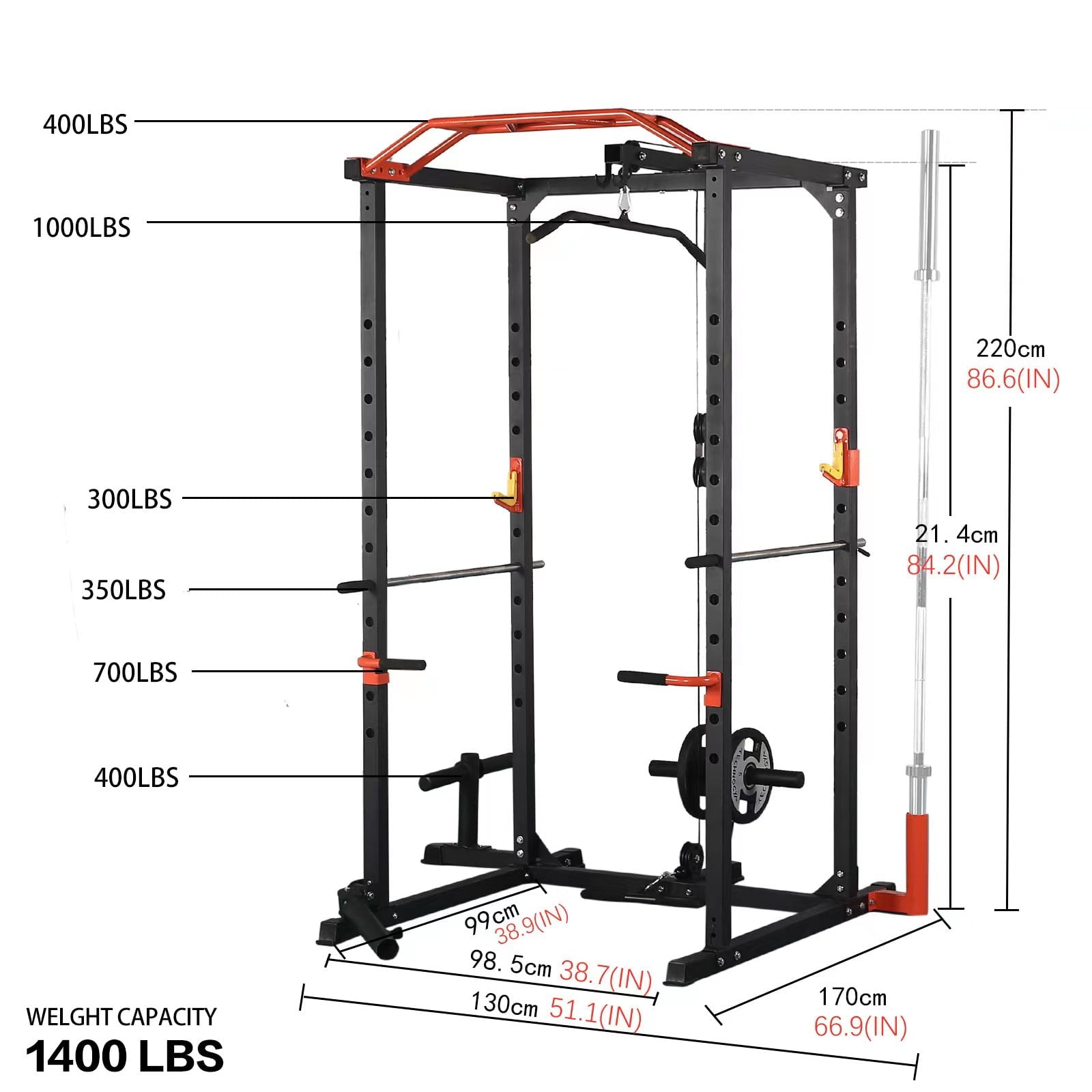 1400LBS Multi-Functional Power Rack Cage, 87'' H Professional Squat Racks for Man Woman, Adjustable Smith Machine Home Gym with Cables, LAT Pulldown System, J-Hooks, Dip Bars, Pull-up Bar