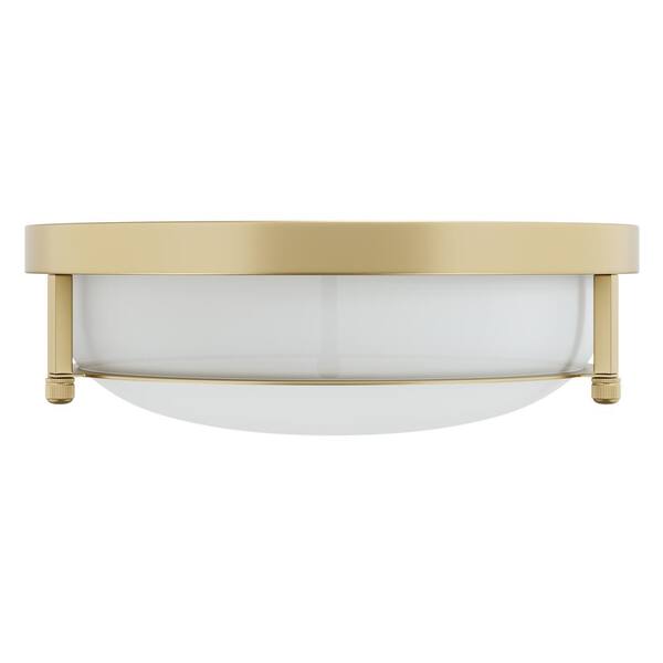 13 in. 2-Light Industrial Gold Flush Mount Farmhouse Close to Ceiling Light Fixture with White Glass Shade
