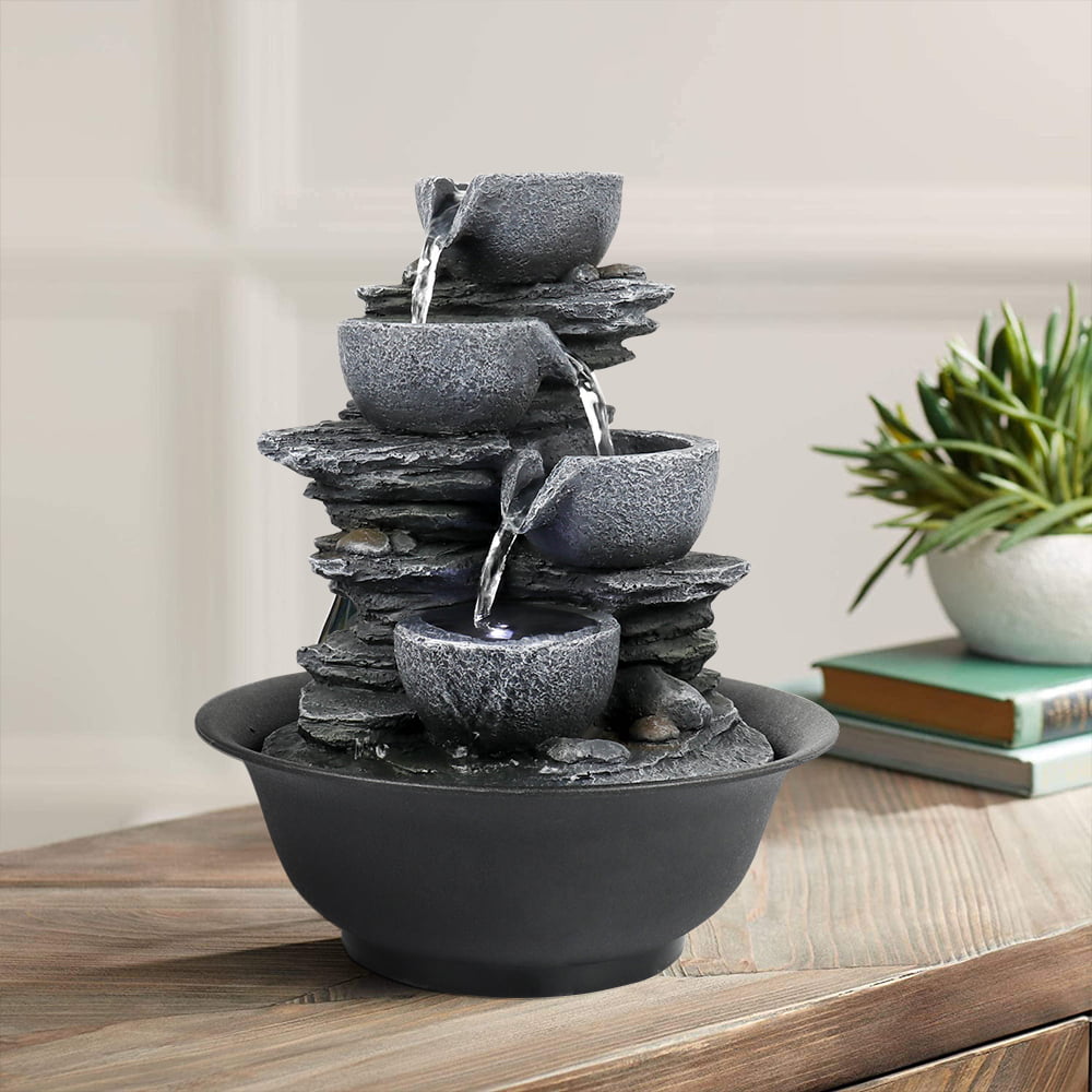 4-Tier Tabletop Water Fountain with LED Light, Indoor Decorative Statue Soothing Cascading Water Flow Zen Water Feature for Home&Office Decor