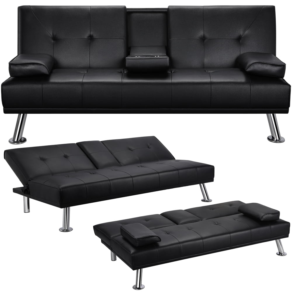Easyfashion Modern Faux Leather Futon with Cupholders and Pillows, Black