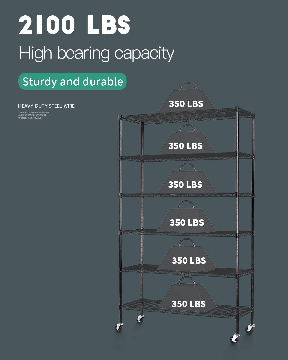 BestOffice 18x48x82 inch 6 Tier Wire Shelving Unit with Wheels Steel Adjustable Utility 2100 LBS Capacity,Black