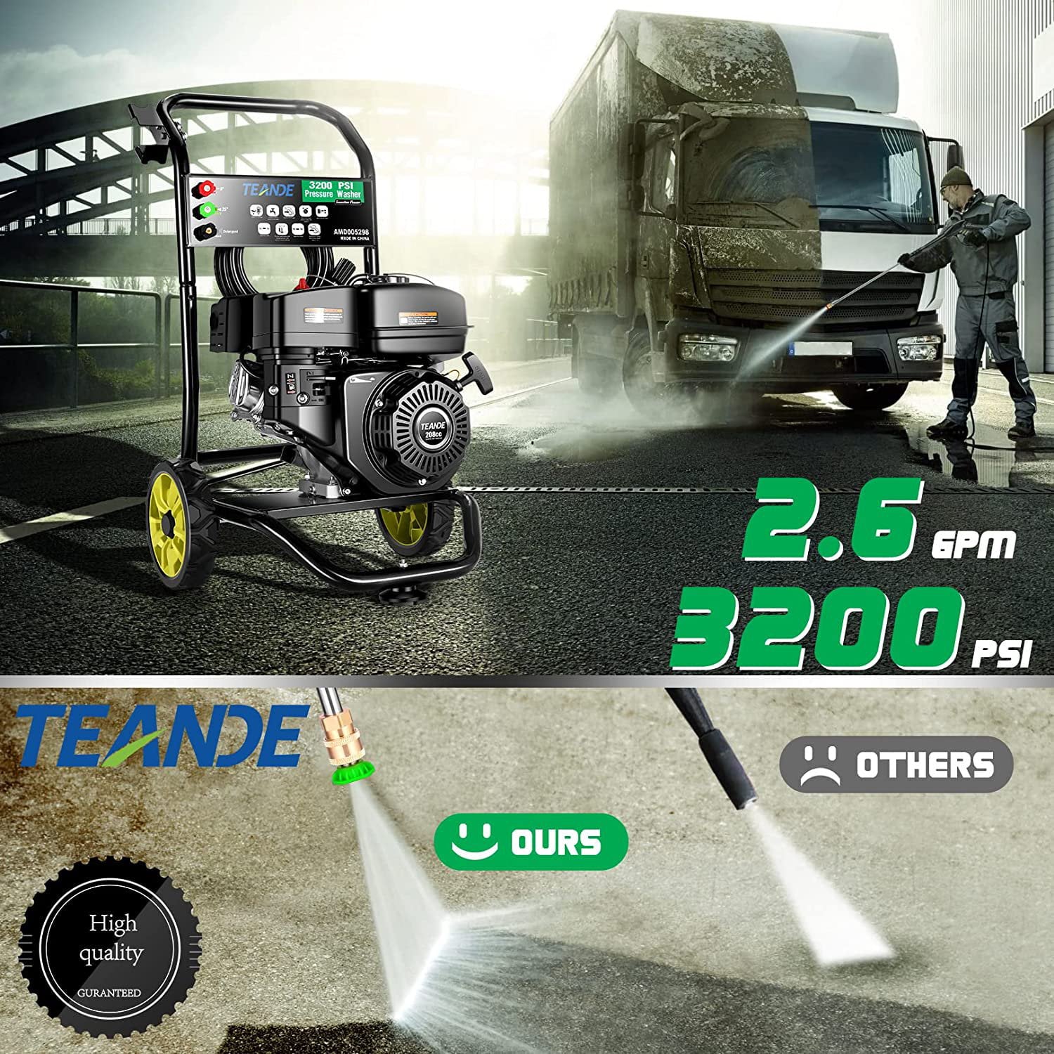 TEANDE Gas Pressure Washer Powered, 2.6 GPM 209cc 7.0 HP Power Washer with 3 Quick-Connect Nozzles, 25’ Hose for Cars, Driveway, Patio, Siding, Fence Cleaning