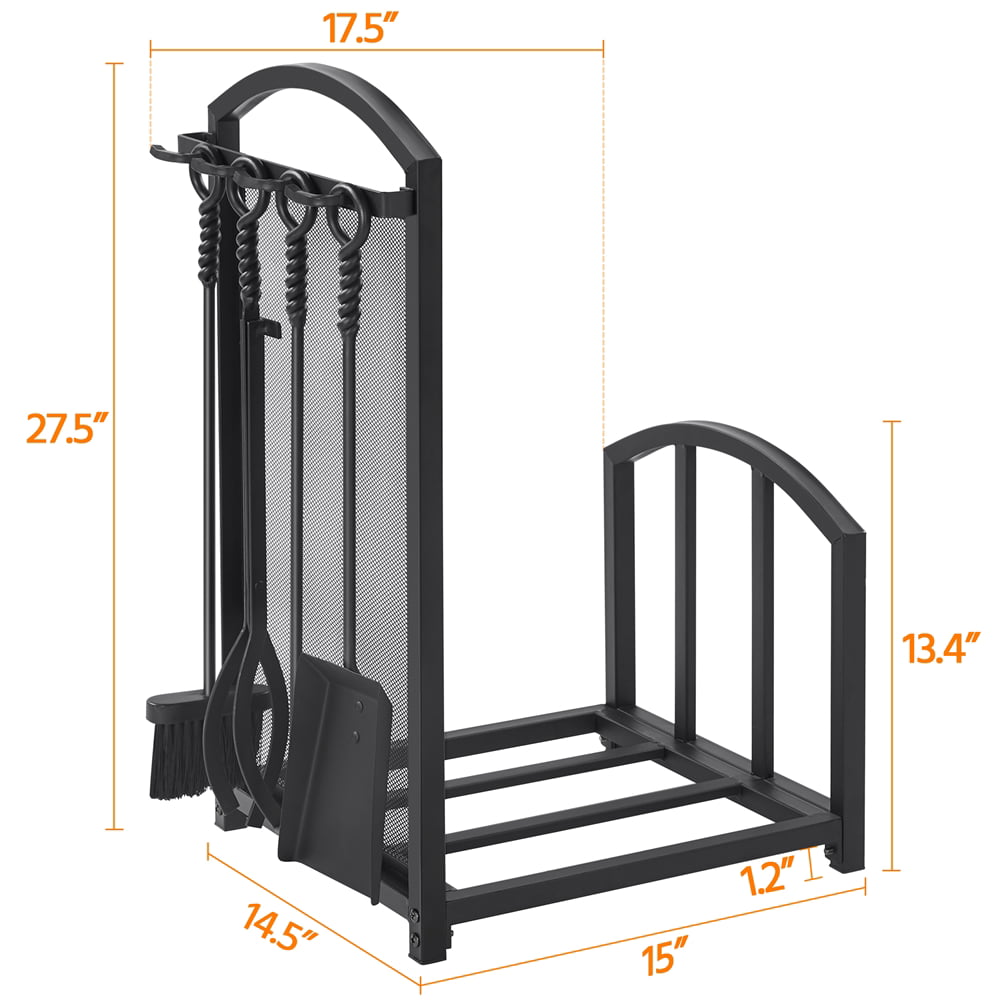 Topeakmart Firewood Rack Firewood Log Holder Rack Fireplace Tool Rack with 4 Tools, Black