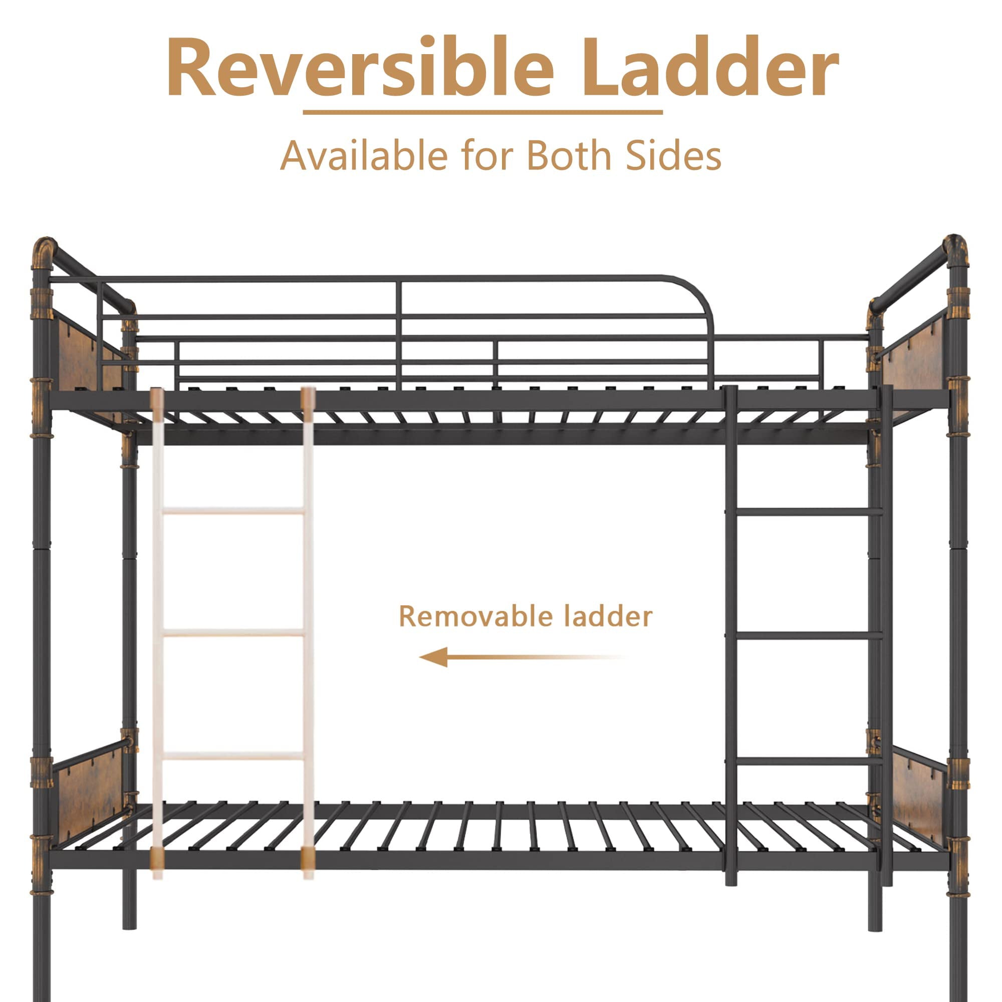 Alohappy Twin Over Twin Bunk Bed, Convertible Twin Bunk Beds Into 2 Individual Bed, Removable Ladder & Safety Guard Rail for Kids, Modern Industrial Style, Easy Assembly, No Box Spring Needed (Brown)