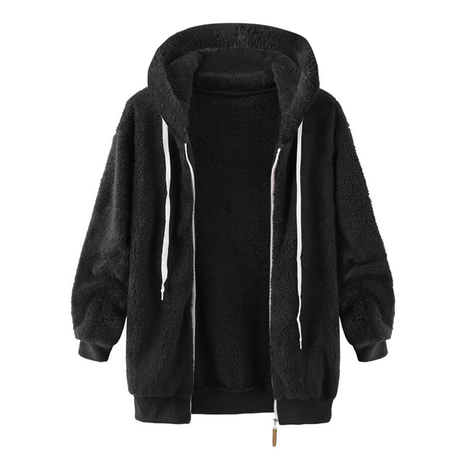 Leadmall Women Fleece Jacket with Hood Winter Coat Soft Lightweight Full Zip up Hoodie Jackets Pocket Drawstring Long Sleeve Hooded Sweatshirts Sweaters Outerwear Y-2-Black L