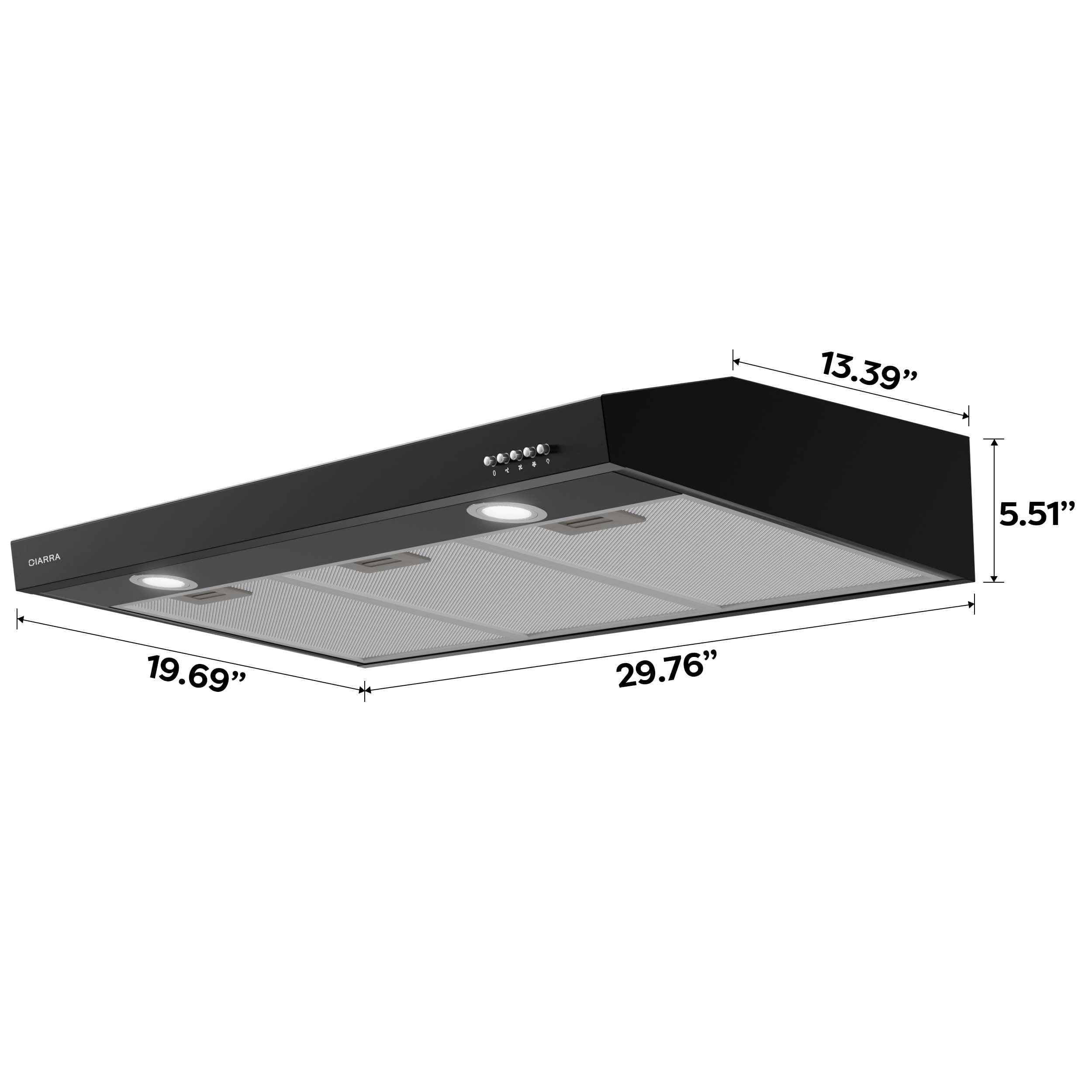 CIARRA Black Range Hood 30 inch Under Cabinet with Ducted Convertible Ductless Slim Kitchen over Stove Vent