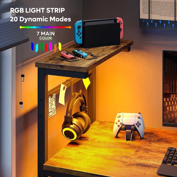 44 in. Rustic Brown Computer Desk with LED Lights