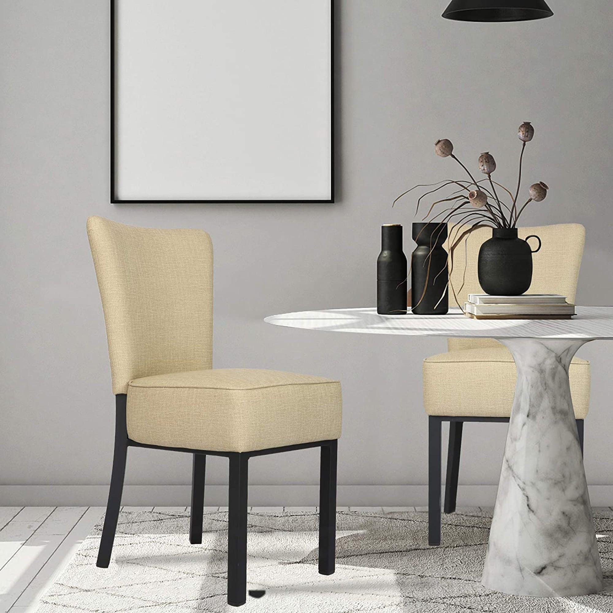 KARMAS PRODUCT Classic Dining Chair Set of 2,Modern Style Family Leisure Chair with Stainless Steel Legs,PU Leather High Back Side Chair,Beige