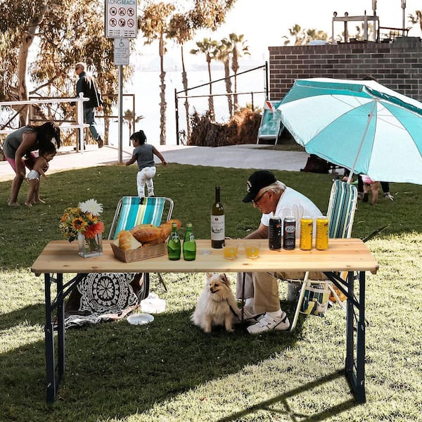 66.5 in. Wooden Folding Picnic Outdoor Table with Adjustable Heights