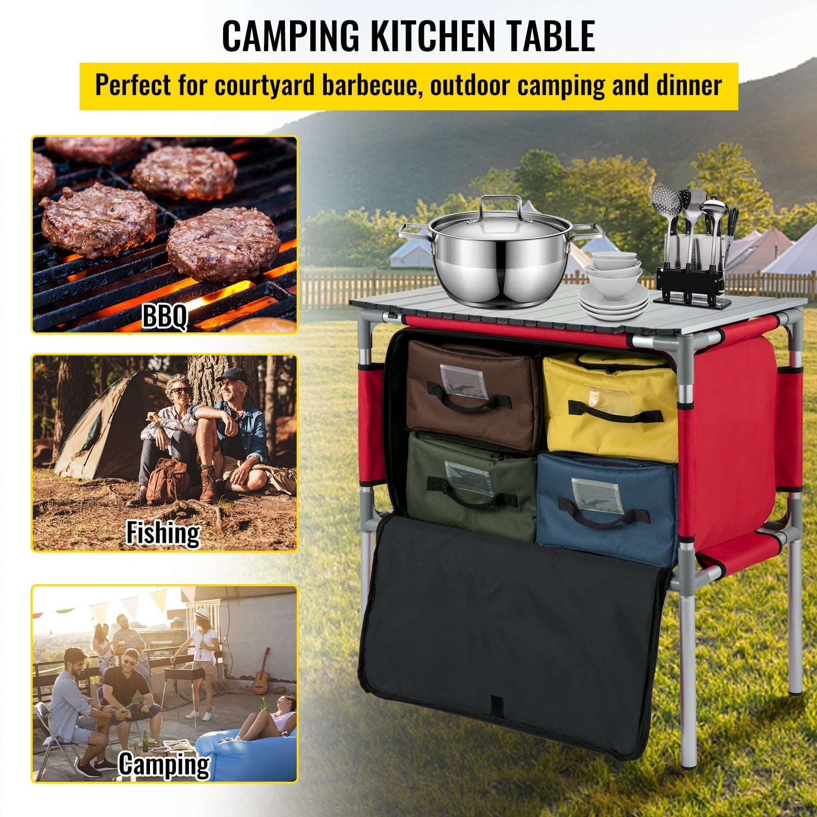 Camping Kitchen Station, Aluminum Portable Folding Camp Cook Table with 4 Detachable Legs & 4 Cooler Bags, Red