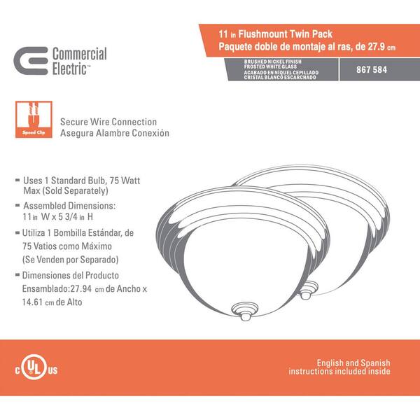 11 in. 1-Light Brushed Nickel Flush Mount with Frosted Glass Shade (2-Pack)