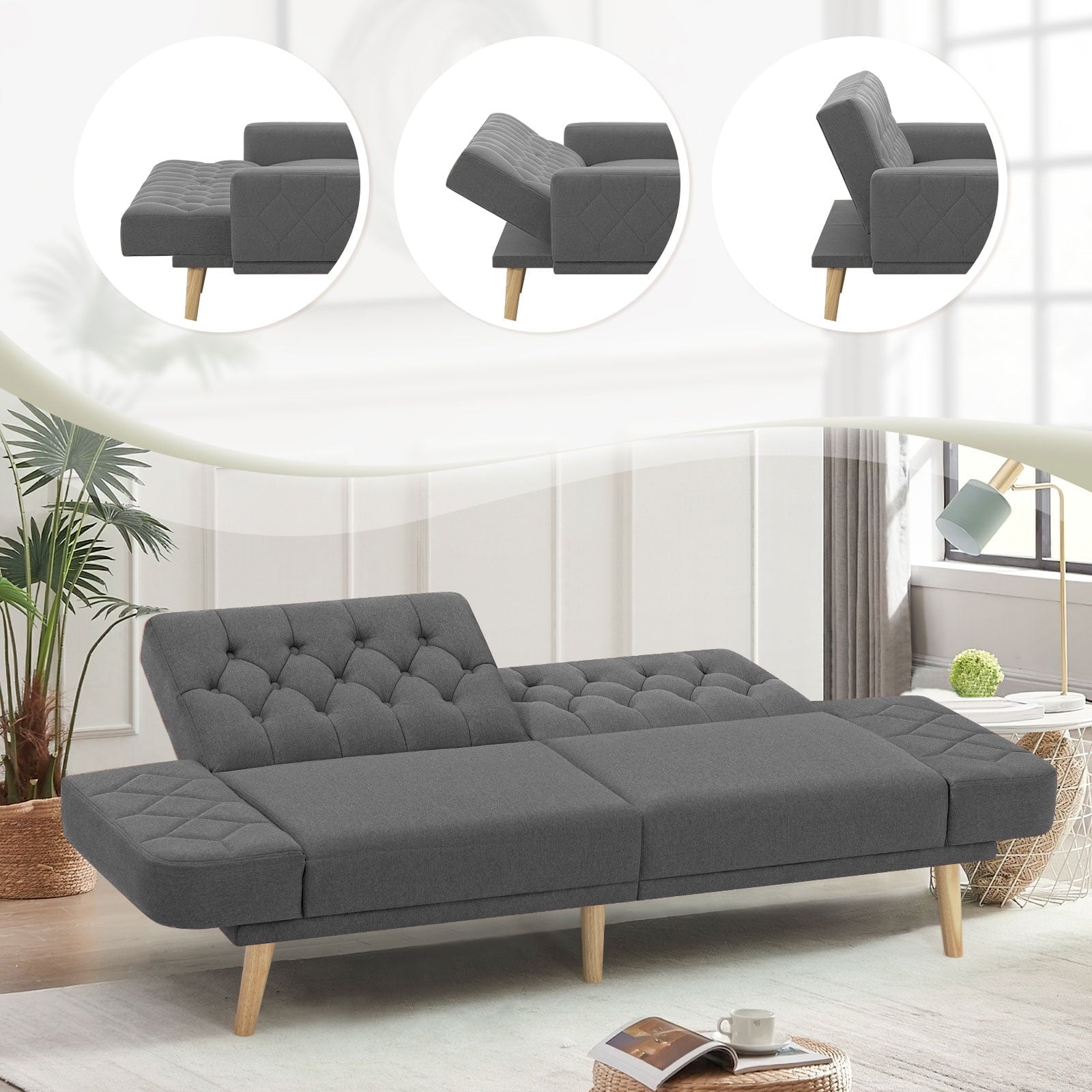 ACMEASE 70 Linen Fabric Futon Sofa Bed With Adjustable Backrests, Tufted Sleeper Couch with Convertible Armrest, 82 Extendable Loveseat Sofa with 2 Pillows For Living Room, Bedroom, Gray