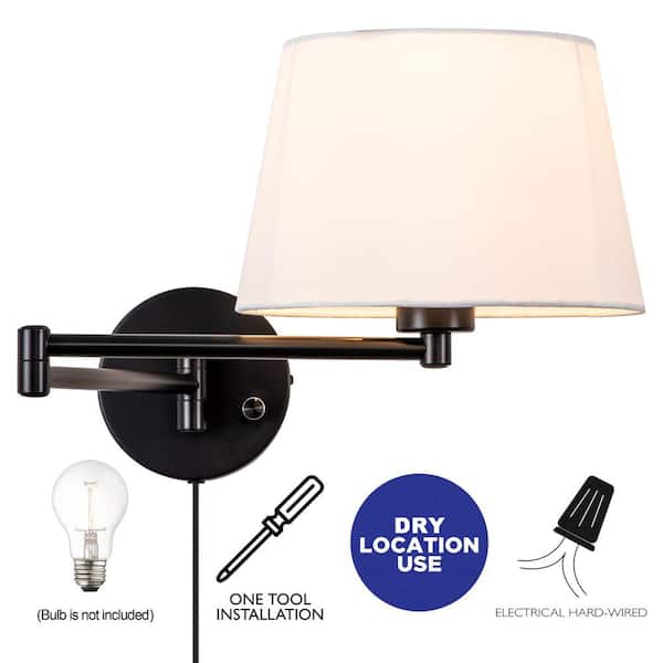 1-Light Black Plug-In Swing Arm Wall Lamp with Linen Shade Set of 2