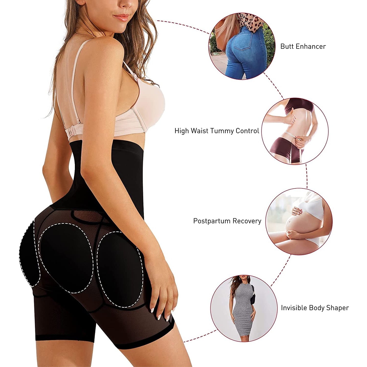 MISS MOLY Womens Shapewear Padded Butt Lifter High Waist Trainer Tummy Control Panties Hip Enhancer with Removable 4 Pads