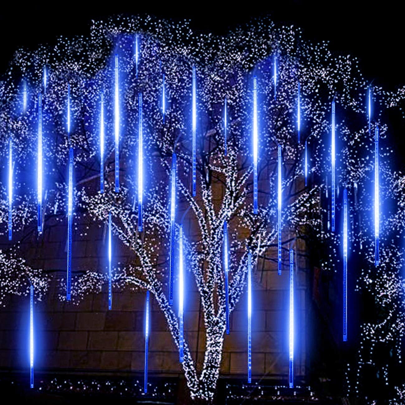 Upgraded 50cm 10 Tubes 540 LED Meteor Shower Rain Lights, Drop/Icicle Snow Falling Raindrop Cascading Lights for Wedding Party Christmas New Year Garden Tree Home Decor (2Pack Blue)