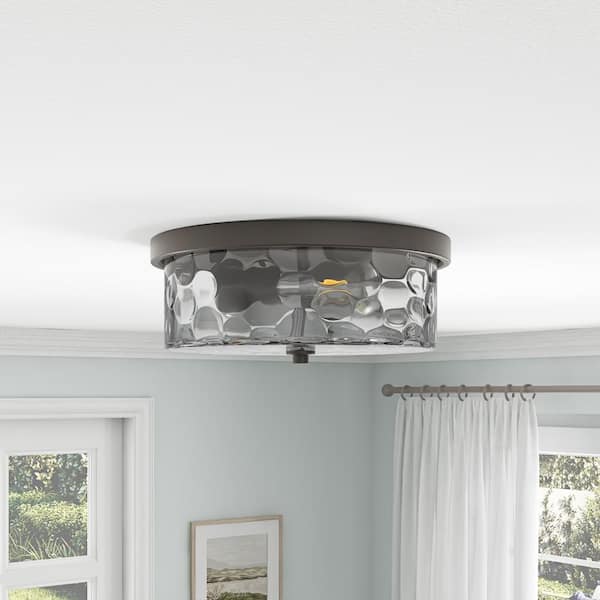 13 in. 2-Light Farmhouse Oil Rubbed Bronze Drum Flush Mount Ceiling Light Fixture with Water Ripple Glass Shade