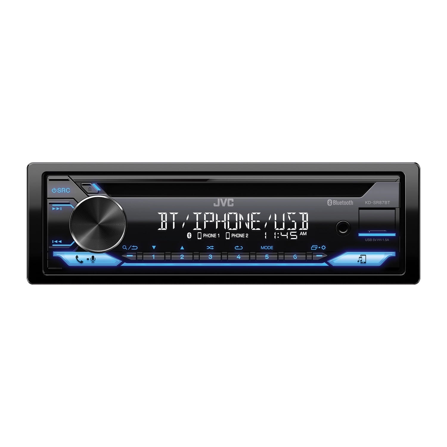 JVC KD-SR87BT Single DIN Car Stereo CD Player, with High Power Amplifier, AM/FM Radio, Bluetooth Audio, USB, MP3, Removable Faceplate