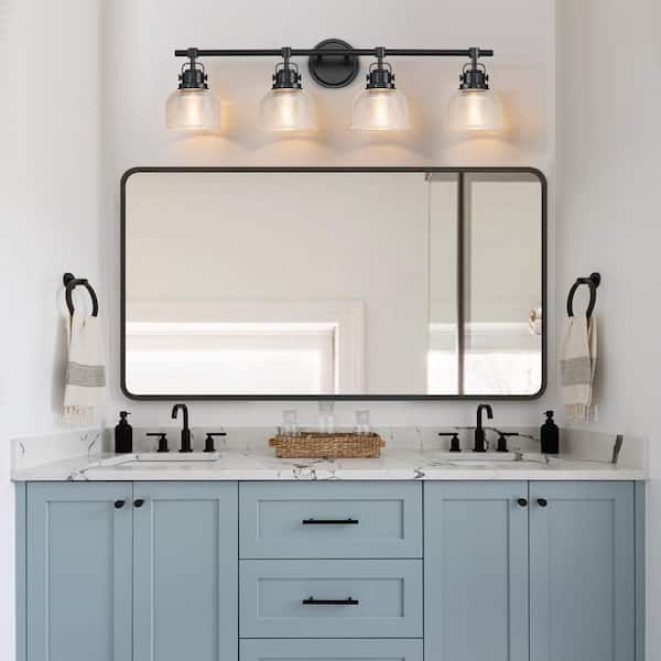 33 in. 4-Light Black Bathroom Vanity Light with Clear Prismatic Glass Shade