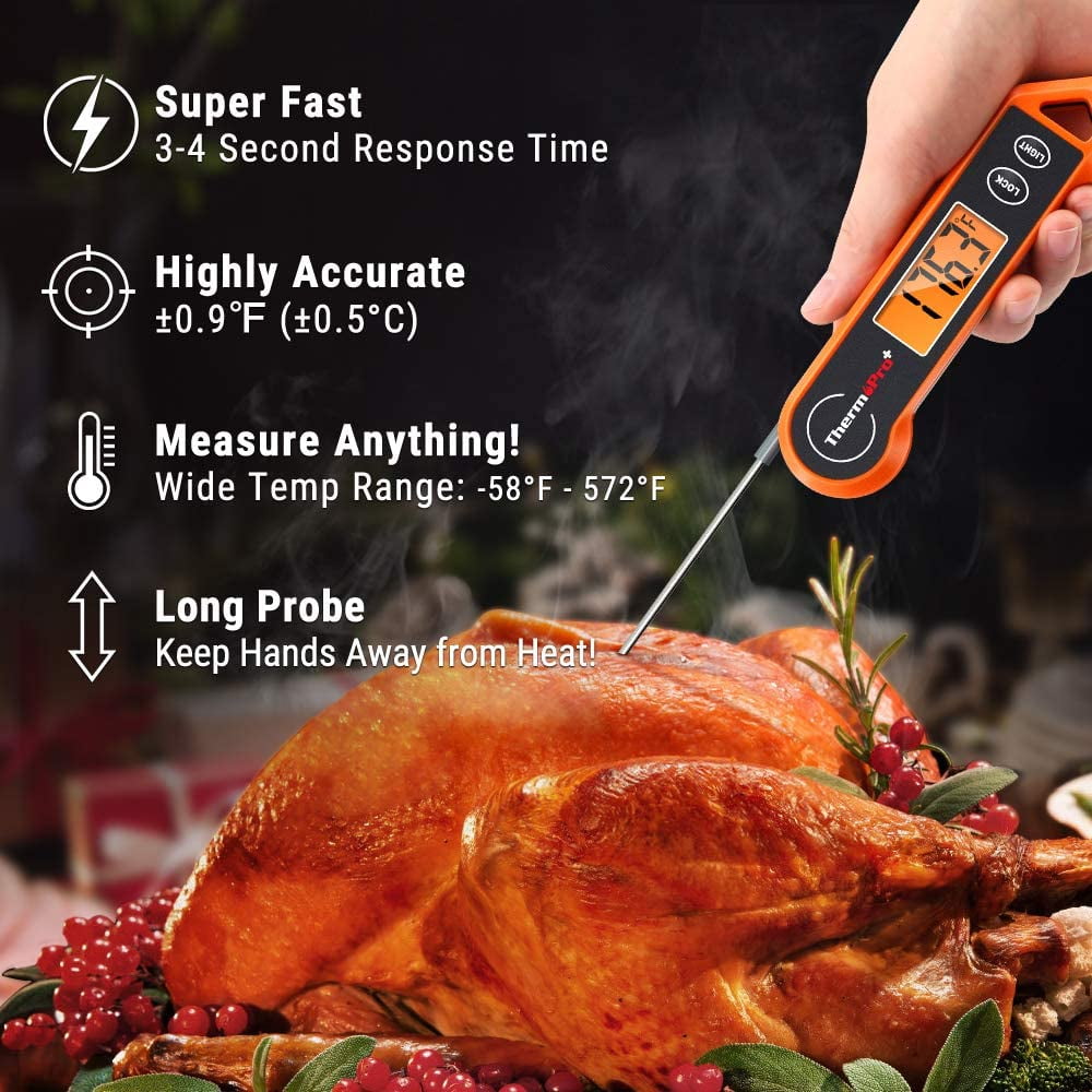 ThermoPro TP19H Digital Meat Thermometer for Cooking with Ambidextrous Backlit, Waterproof Kitchen Food BBQ Grill Smoker Oil Fry Candy Instant Read Bright-orange