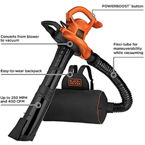 BLACK+DECKER 3-in-1 Electric Leaf Blower, Leaf Vacuum, Mulcher (BEBL7000)