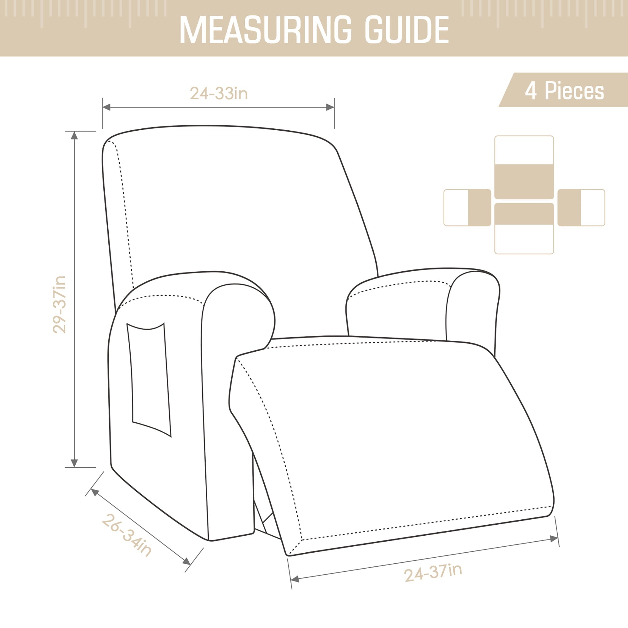 TAOCOCO Stretch Armchair Reclining Slipcovers, Solid Jacquard 4-Pieces Recliner Chair Covers Beige
