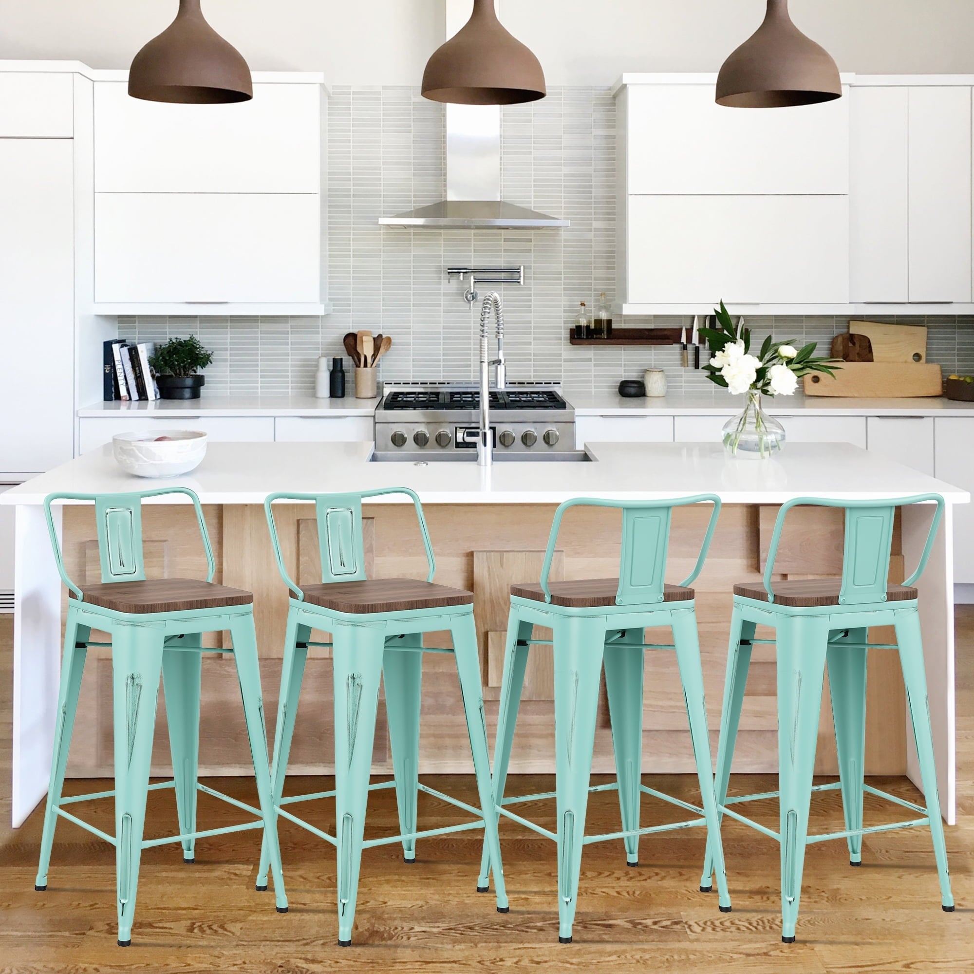 Andeworld Bar Stools Set of 4 Counter Height Stools Industrial Metal Barstools with Wooden Seats( 24 Inch, Distressed Green Blue)