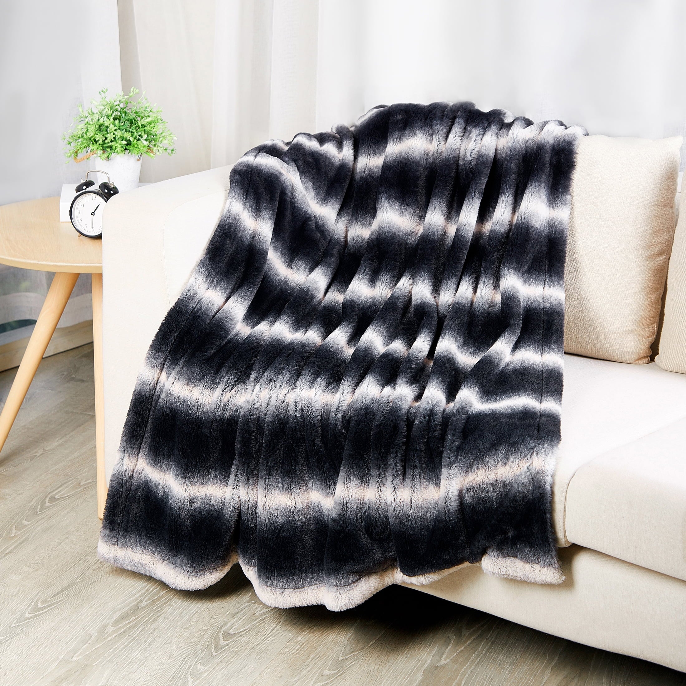 SoftLux Ombre Stripe Faux Fur with Velvet Plush Fleece Dual Layer Reversible Throw Blanket, 50