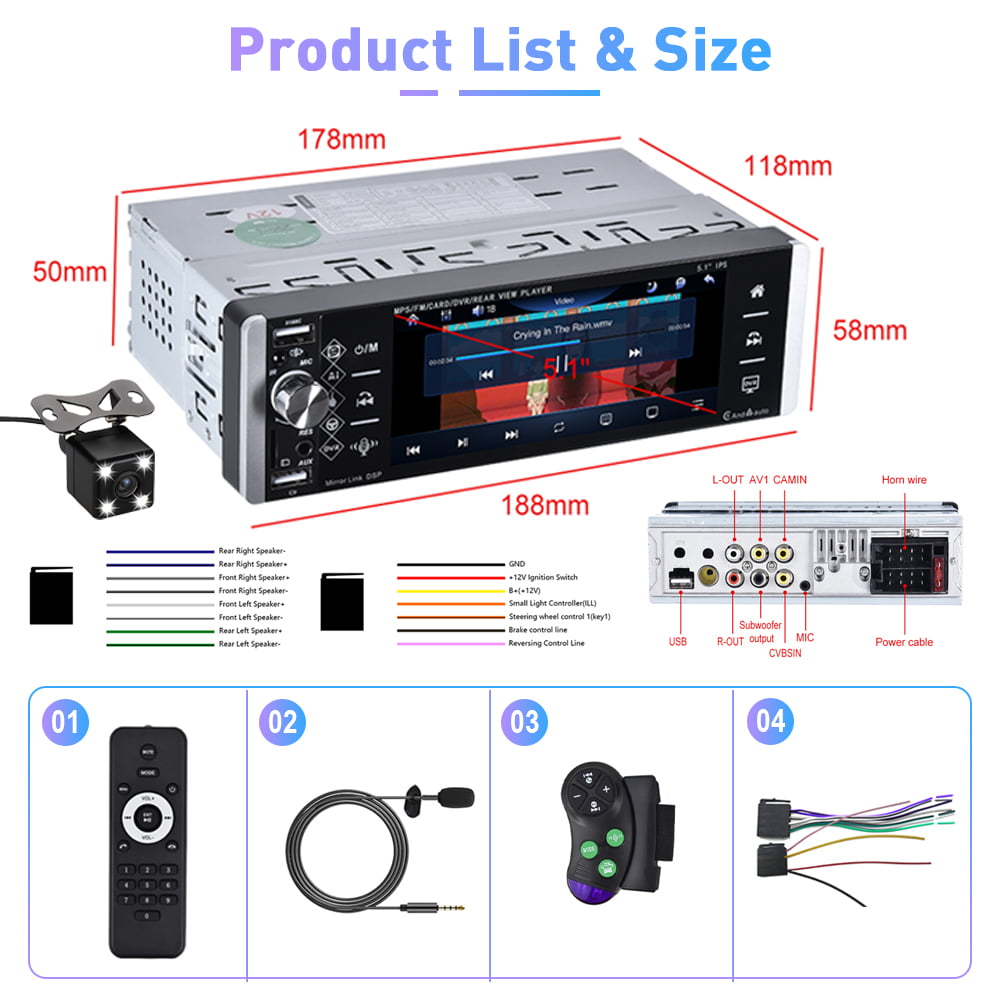 Podofo Single Din 5.1'' Car Stereo Radio Apple Carplay Android Auto Touch Screen Car Multimedia MP5 Player Bluetooth Mirror Link FM USB, with Back Up Camera