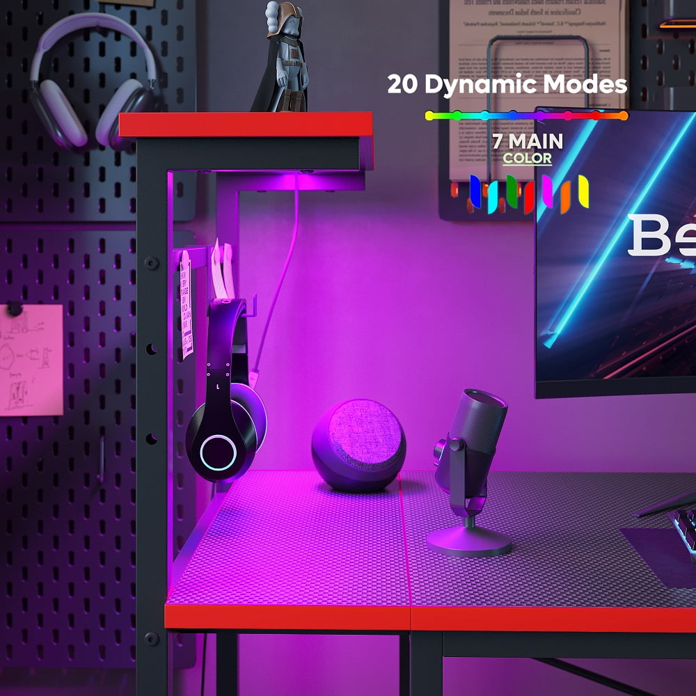 Bestier 52 inch Gaming Computer Desk with LED Lights & Shelves Carbon Fiber, Reversible desk