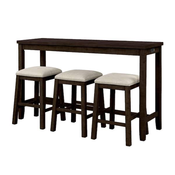 4-Pieces Wood Top Brown Counter Height Table with Fabric Padded Stools Rustic Bar Dining Set with Socket