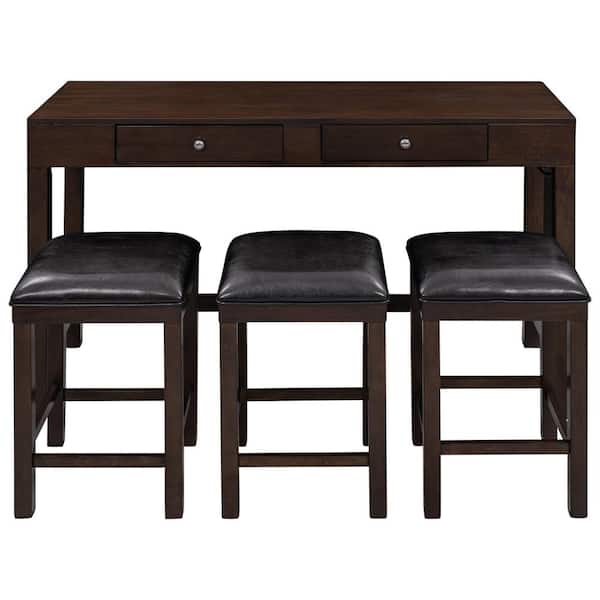 4-Piece Counter Height Espresso Wood Dining Set with Socket and 3-Padded Stools