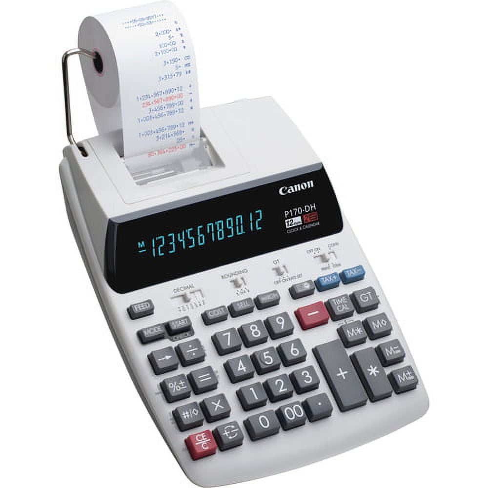 Canon P170-DH-3 Printing Calculators Calendar, Clock, Item Count, Sign Change, Compact - 12 Digits - White - 1 Each